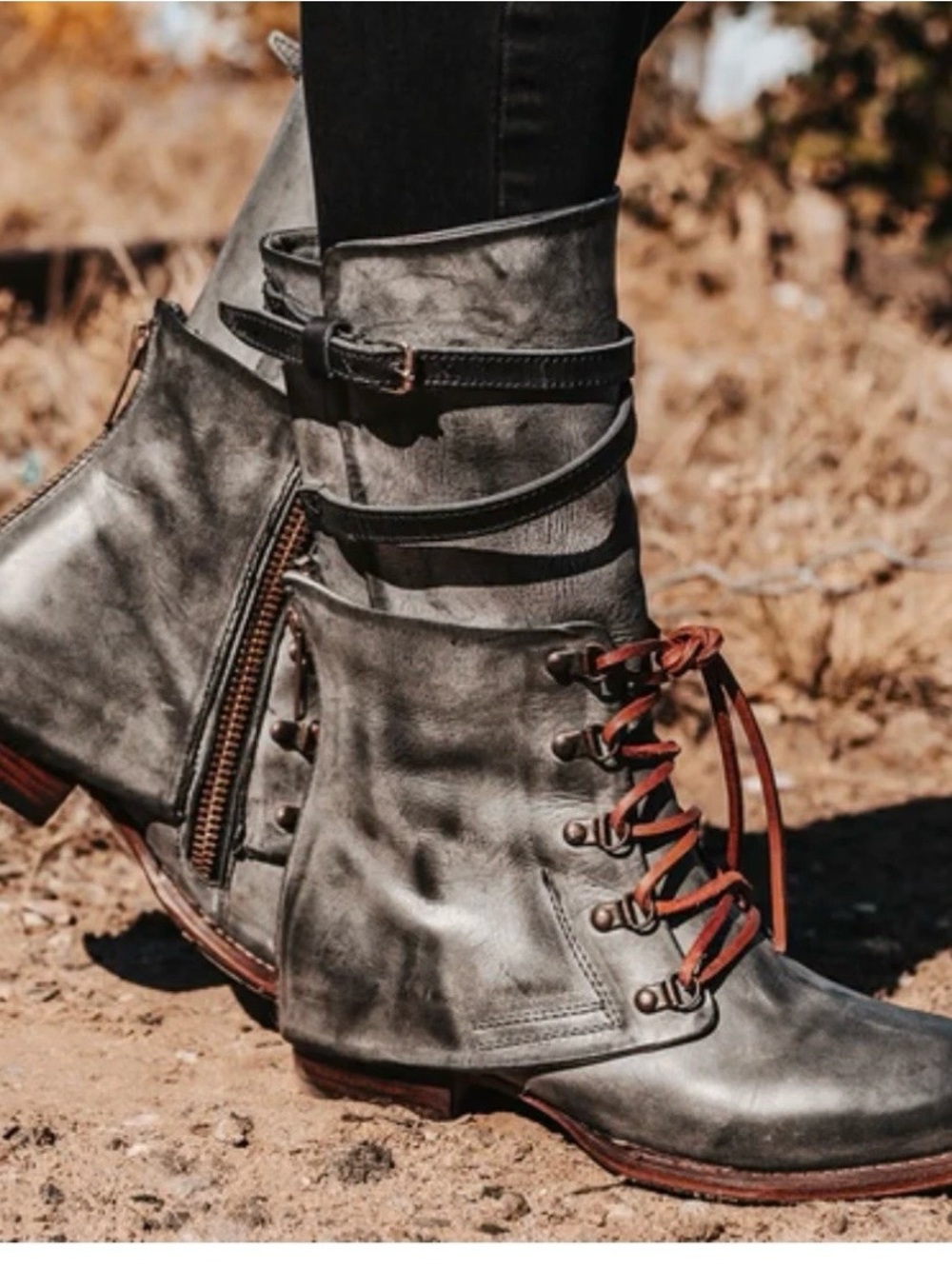 Freebird Ravi Boots Combat Leather Coal Gray Steampunk Women Size 6